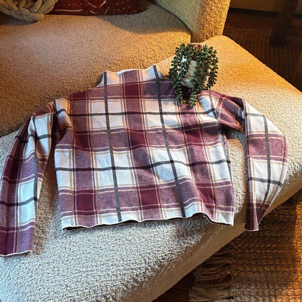 Tahari Burgundy and Cream Plaid Sweater